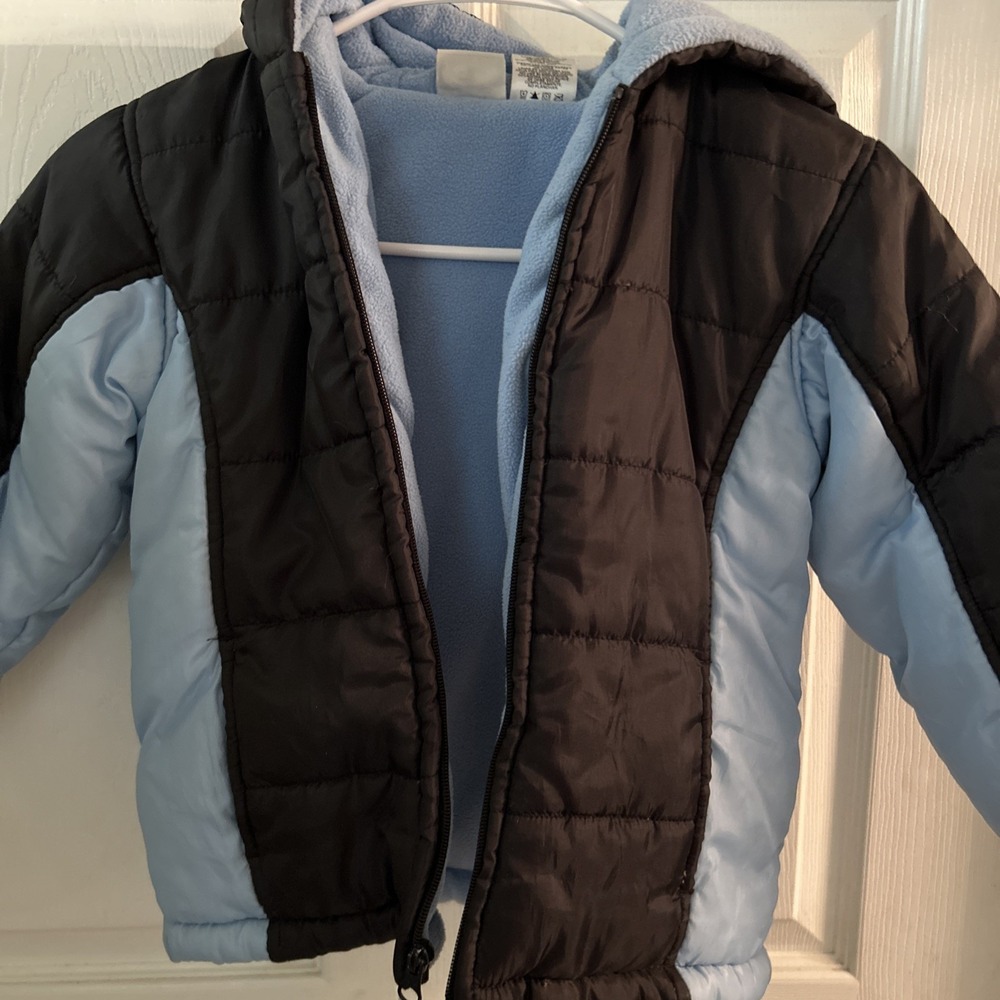 Toddler 4T Athletic Work Blue & Black Puffer‎ Jacket With Fleece Lining Hood